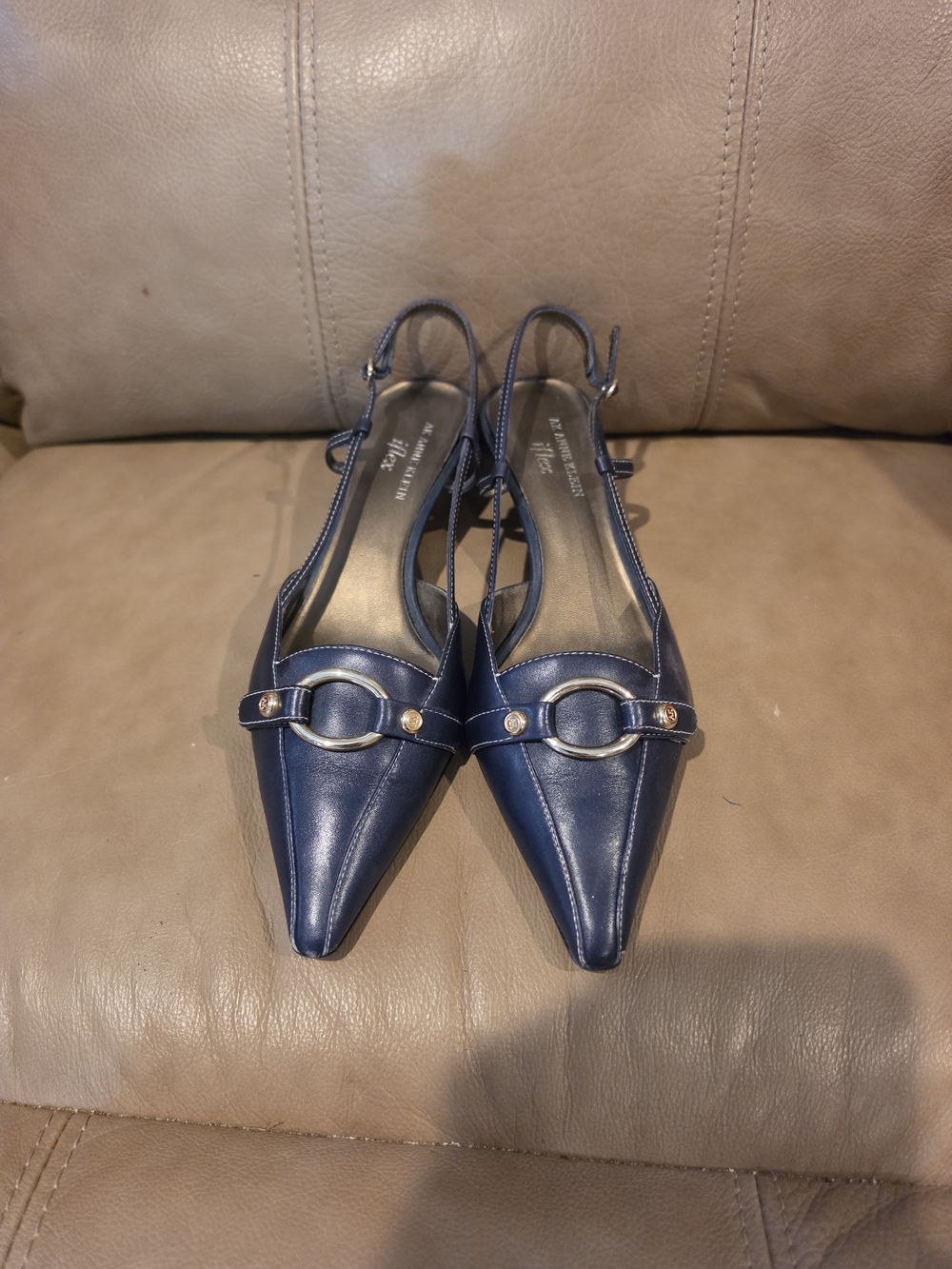 Anne Klein Navy Pointed Slingback Heels with Gold Accent